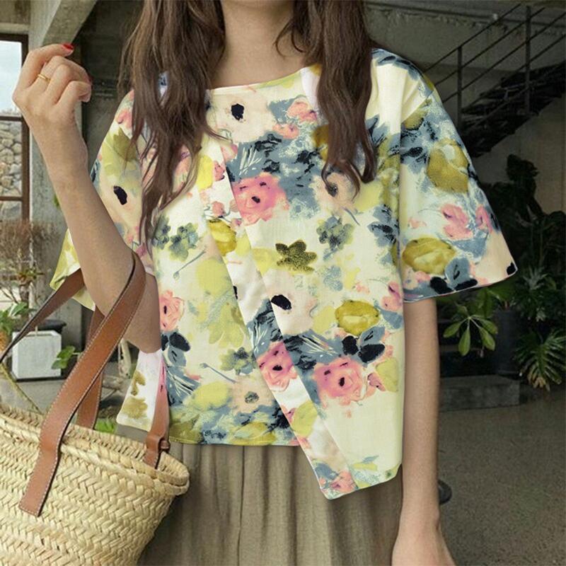 

ZANZEA Женская летняя повседневная блузка с цветочным принтом и коротким рукавом XL бежевый