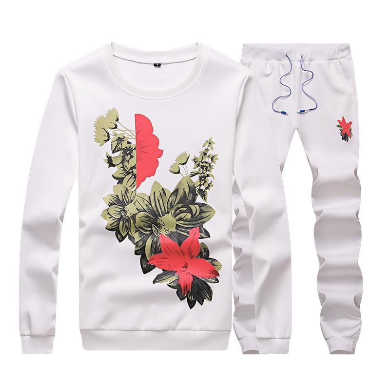 Autumn Men's Sportswear Set Pants Flower Printed Pullover Male Tracksuits