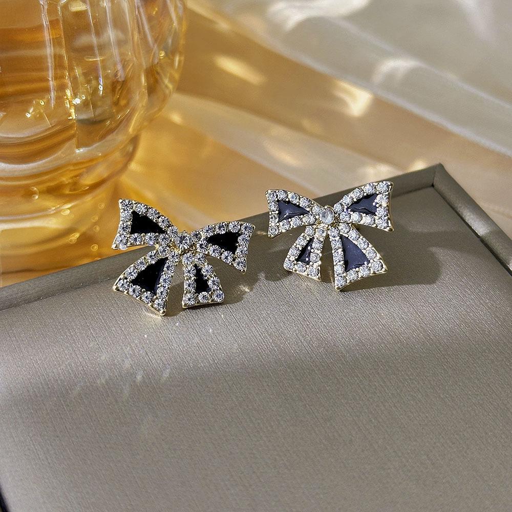 Elegant Silver Needle Diamond Bow Earrings - Luxurious, High-Quality Fashion for Women