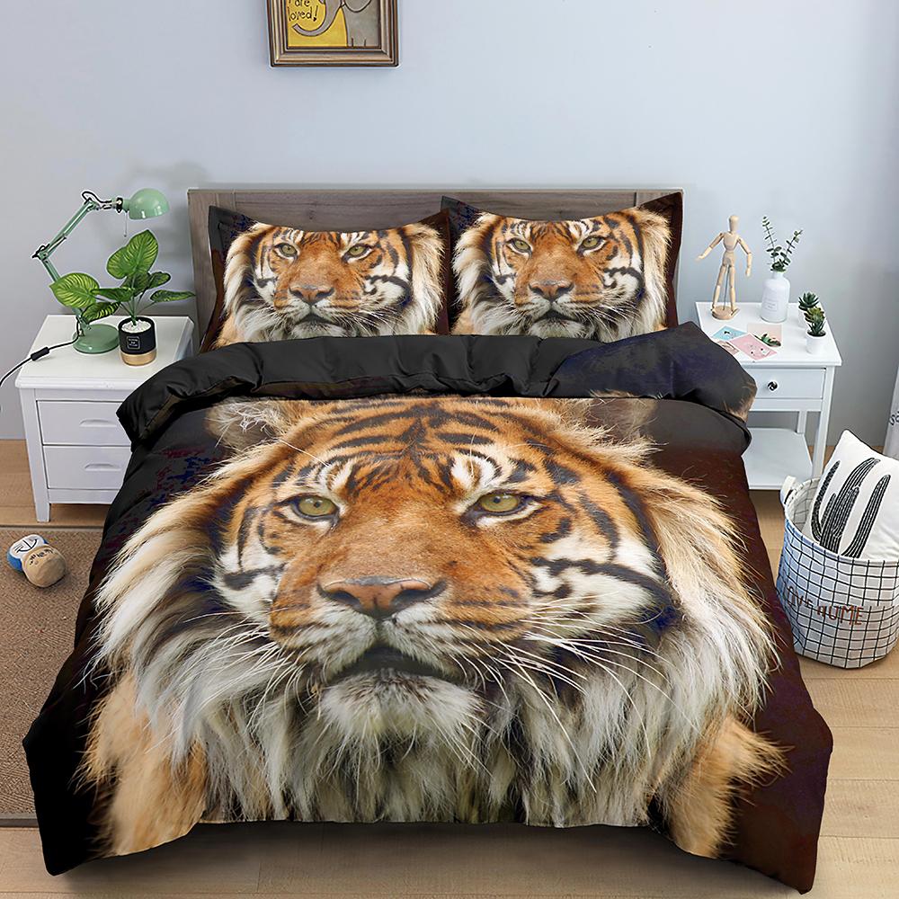 Comforter 3D Tiger King Queen White Black Wild Animal Bedding Set For Kids Teens Adults Wildlife Grey 2/3Pcs Soft