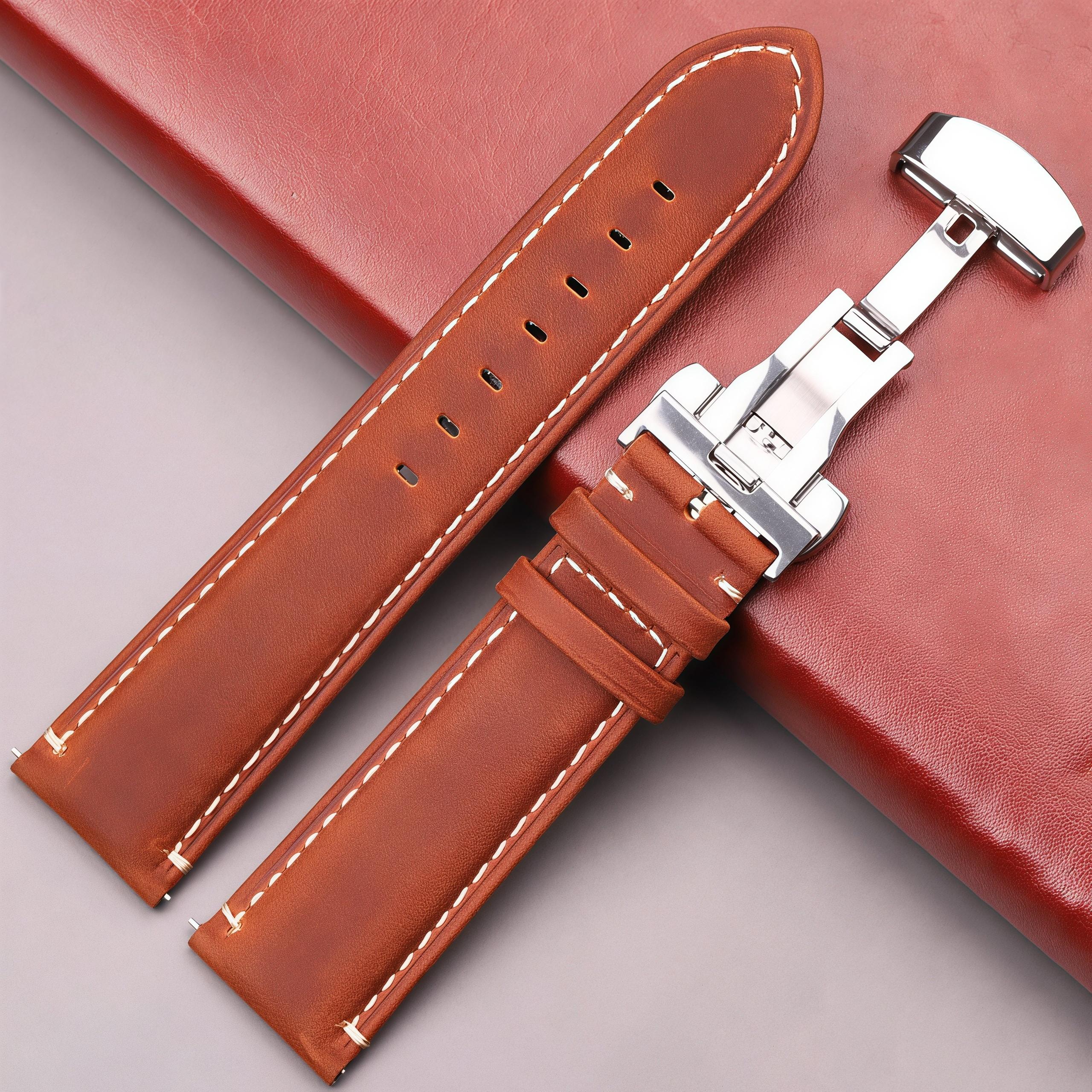 

Genuine Leather Watch Strap 20mm 22mm Quick Release Butterfly Buckle Vintage Cowhide Band for Galaxy Watch 6 5 4 Pro Classic 22mm червоний