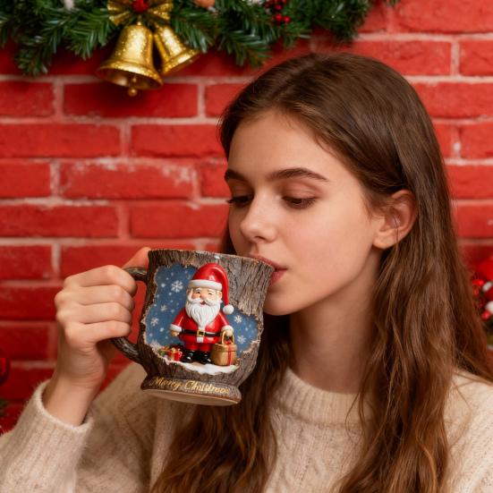 Festive Christmas Mug 3D Tree Bark Texture Themed Santa Reindeer Coffee Cup Resin Holiday Decor Novelty Gifts