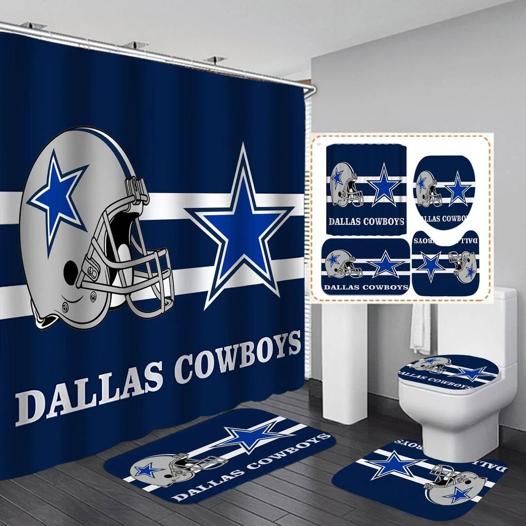 White Navy Blue American Football Shower Curtain Set,Modern Texas Star Rugby Athlete Helmet Sports Bathroom Set Non-Slip Mat Rug