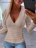 Women's Autumn Ribbed Knit V-Neck Slim Fit Long Sleeve Button Pullover