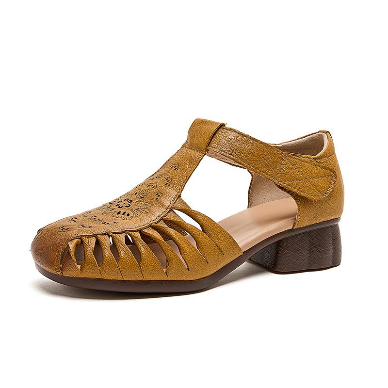 

Женские сандалии-гладиаторы ручной работы на низком каблуке, ажурная обувь из натуральной кожи, дышащие сандалии на Т-образном ремешке с закрытым носком для пожилой женщины 37