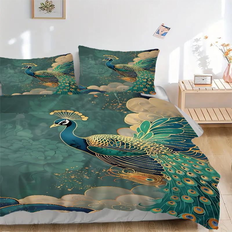 

3pcs Peacock Feather Pattern Duvet Cover Set - Machine Washable, Includes 1 Cover and 2 Pillowcases, No Core Included yy251013148 135x200cm