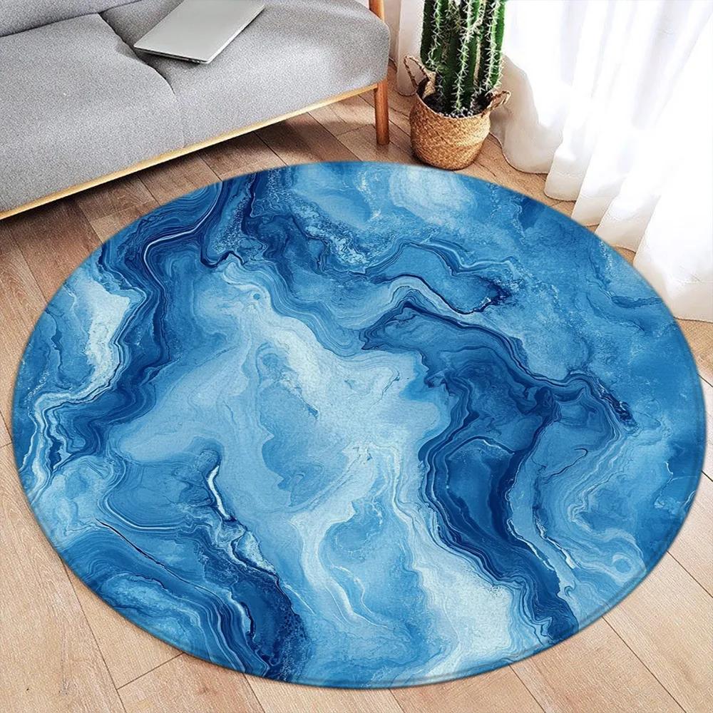 Abstract Marble Round Area Rug – Green Ink & Gold Line Design – Modern Luxury Carpet for Living Room or Bedroom, Soft Floor Mat