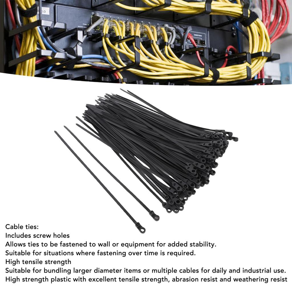 100 Set Cable Tie Set Plastic Black Cable Tie with Screw Mounting Hole for Installations Organization Home Storage Gardening Garage