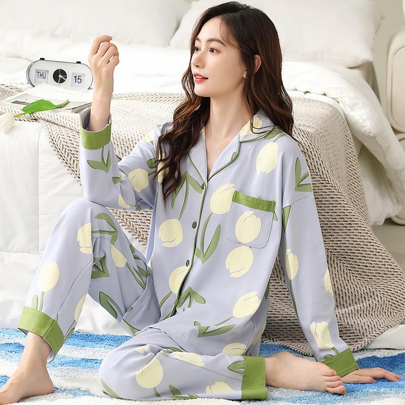 Blue Pajamas Set White Tulip Sweet Long Sleeves Long Pants Autumn Winter Cute Sleepwear Cozy Pyjamas Soft Pijamas Lady Pjs Girls