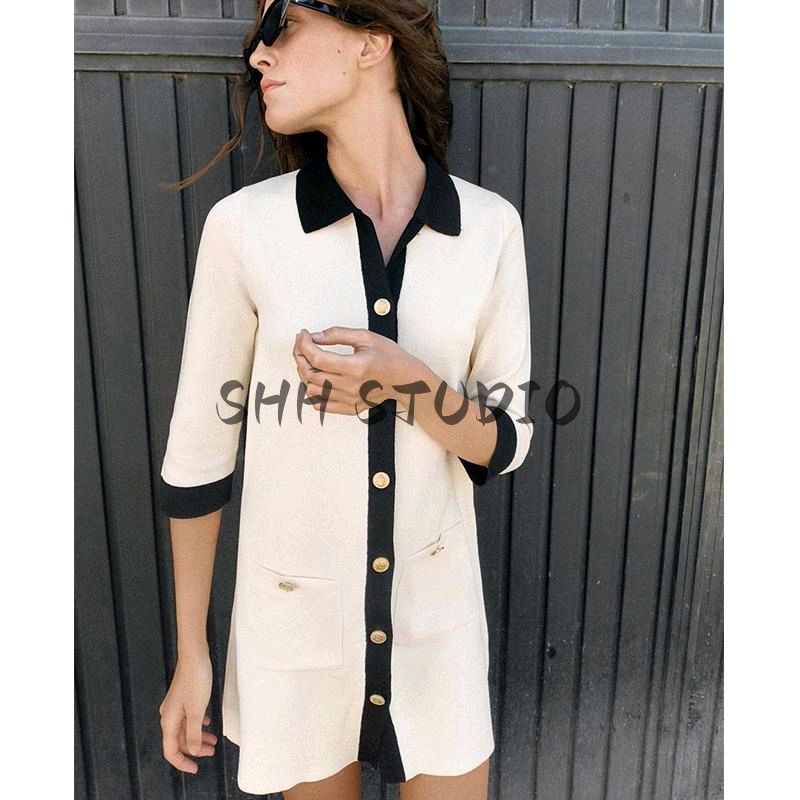 Spring New Women's Clothing French Style Classic Style Lapel Gold Decorated Row Button Knitting Short Dress 1822101