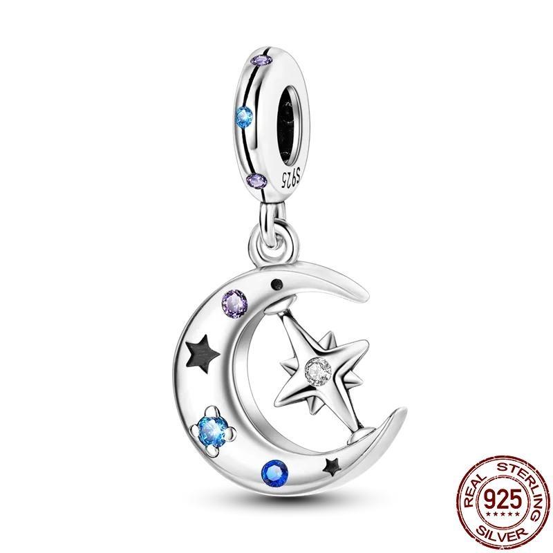 Copper Blue Series Moon Plane Space Series Glass Beads Clip Charm Fit Original Bracelet Bangle Jewelry Gift