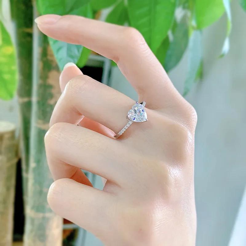 SpringLady 925 Sterling Silver Lab Sapphire 8MM Heart Cut High Carbon Diamond Gemstone Wedding Engagement Ring Fine Jewelry