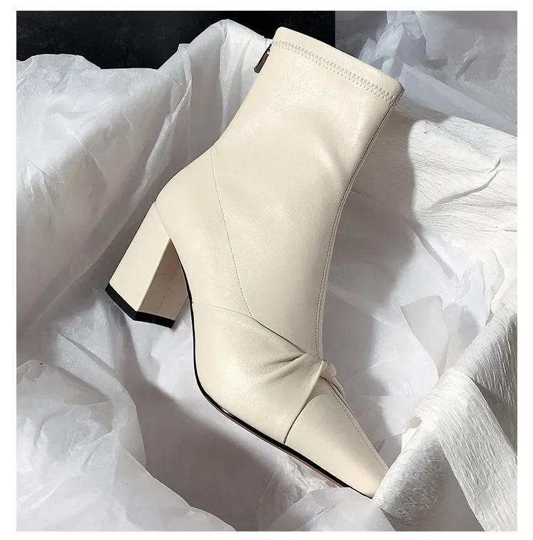 Women Boots 2024 Winter Super High Heels Dress Shoes Bow Pointed Toe Retro Ankle Boots Chunky Heels Elastic Short Botas De Mujer