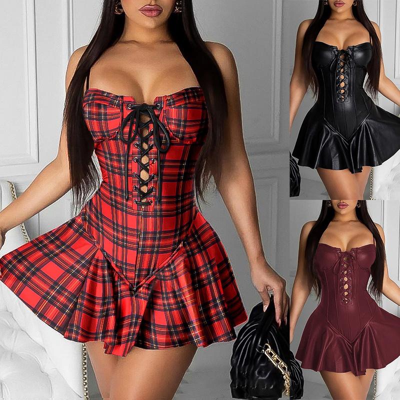 knee length dresses for ladies Women Spaghetti Strap PU Elegant Sexy Bodycon Dress Vestidos Lady Part –  T-BOO, LLC main image 0