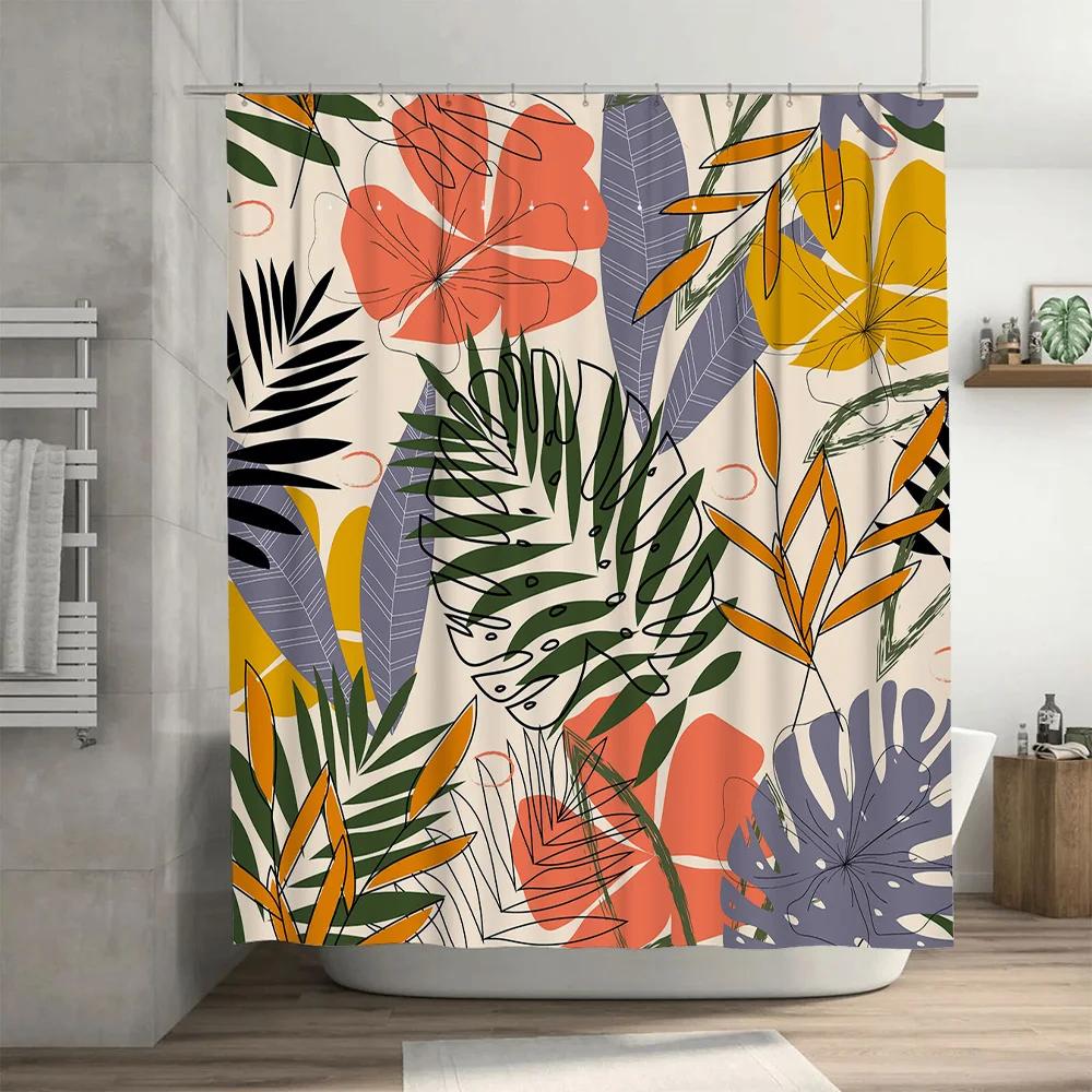 Modern Tropical Print Shower Curtain with Green Leaves Waterproof Fabric for Bathroom Decorations