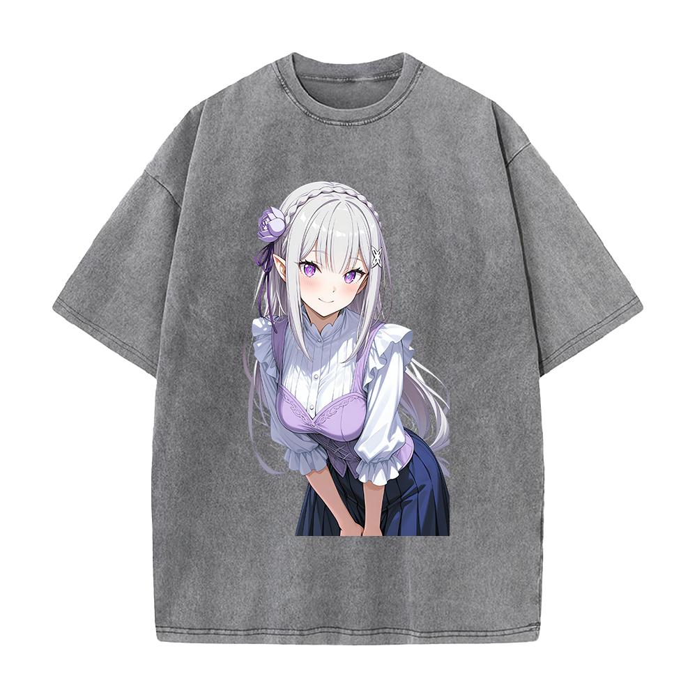 Emilia Re ZERO Starting Life In Another World Anime Clothing Men Women T-shirts Washed T Shirt Retro Cotton Tshirt Harajuku Tops