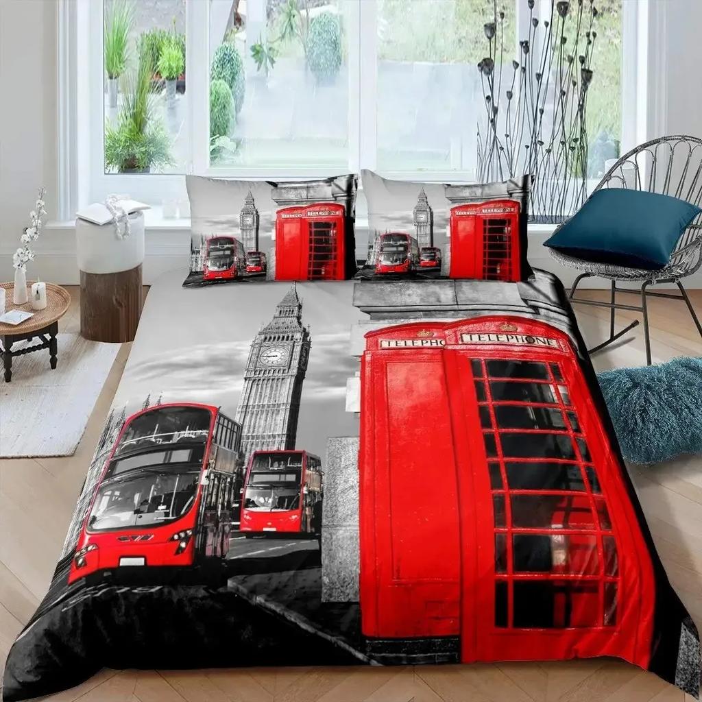 London Duvet Cover Full SizeTelephone Booth The Big Ben Bedding Set Comforter Cover Set Nostalgic Retro United Kingdom Bedding
