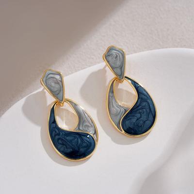 Orecchini pendenti vintage a goccia d'acqua per donna Orecchini pendenti geometrici a poligono Smalto Olio Grigio Blu Gioielli da festa alla moda