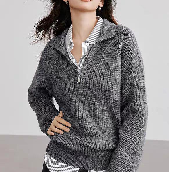 2026 Autumn/Winter Women's Casual Loose Half-Zip Textured Knit Top