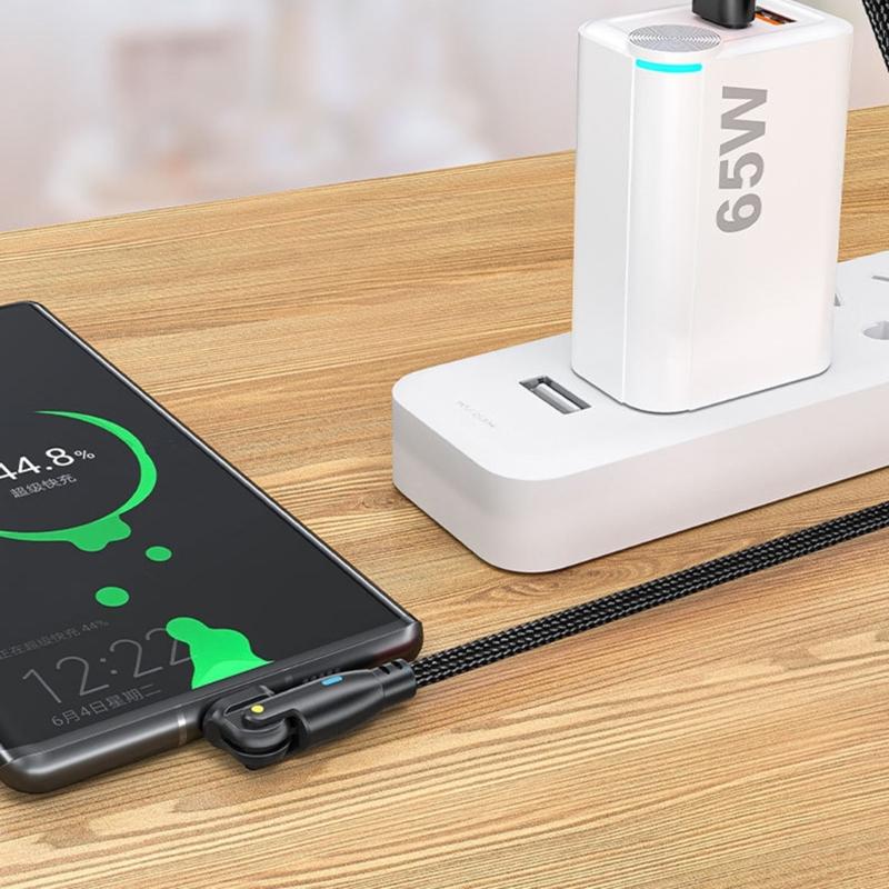 60W Power Type C Cable with Led Lighting Nylon Wrapped USB C Fast Charge Cord 180 Degree Adjustable Heads For Convenient