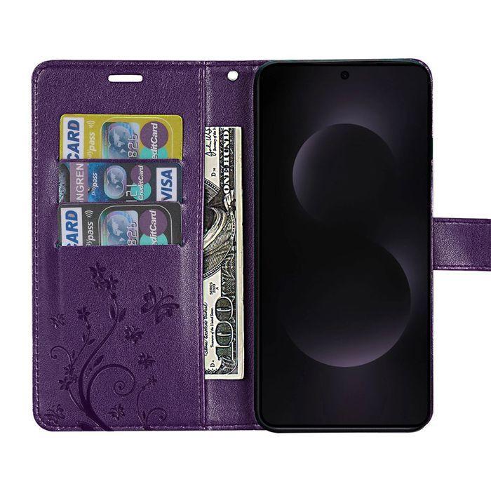 Protective Case - BOOLING - for Samsung Galaxy S25 Edge - Dark Purple Floral Pattern Leather Effect - 2 Glass