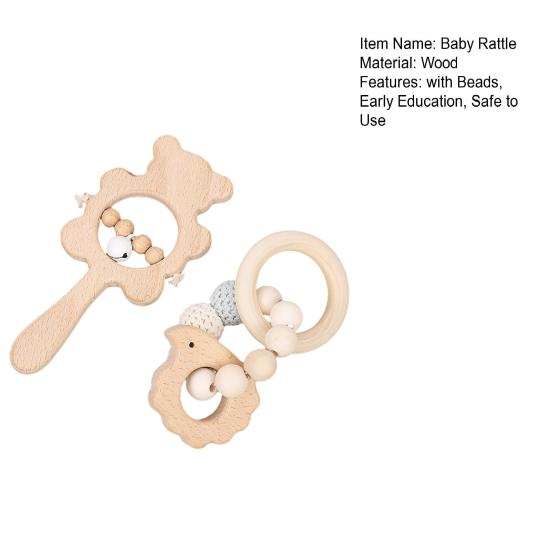 1 Pair Wooden Baby Rattle Toy with Bell Beads Hedgehog Rabbit Elephant Bird Teething Grip Ring Toy Newborn Boys Girls Early Education Rattle