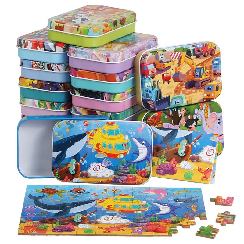 60-Piece Children's Wooden Cartoon Jigsaw Puzzle in Tin Box for Early Education