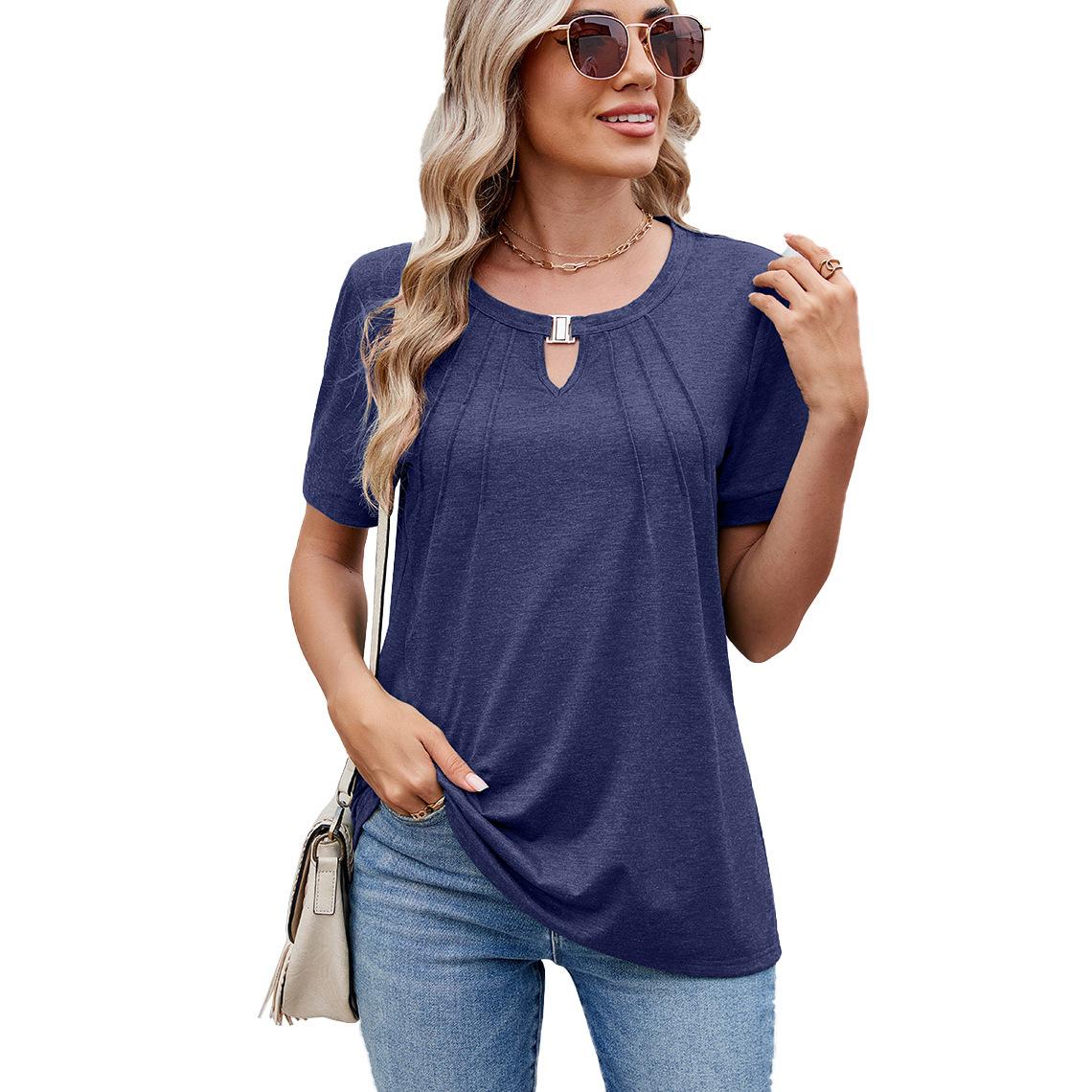 

Весна и лето новая футболка с круглым вырезом, свободная, с короткими рукавами, с отверстием для замка, женская XXL тёмно-синий