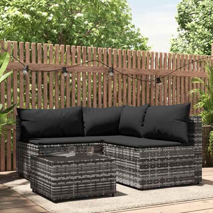 VidaXL Salon de jardin 4 pcs avec coussins Gris Résine tressée, ensemble de salon d'extérieur, ensemble de mobilier 319765
