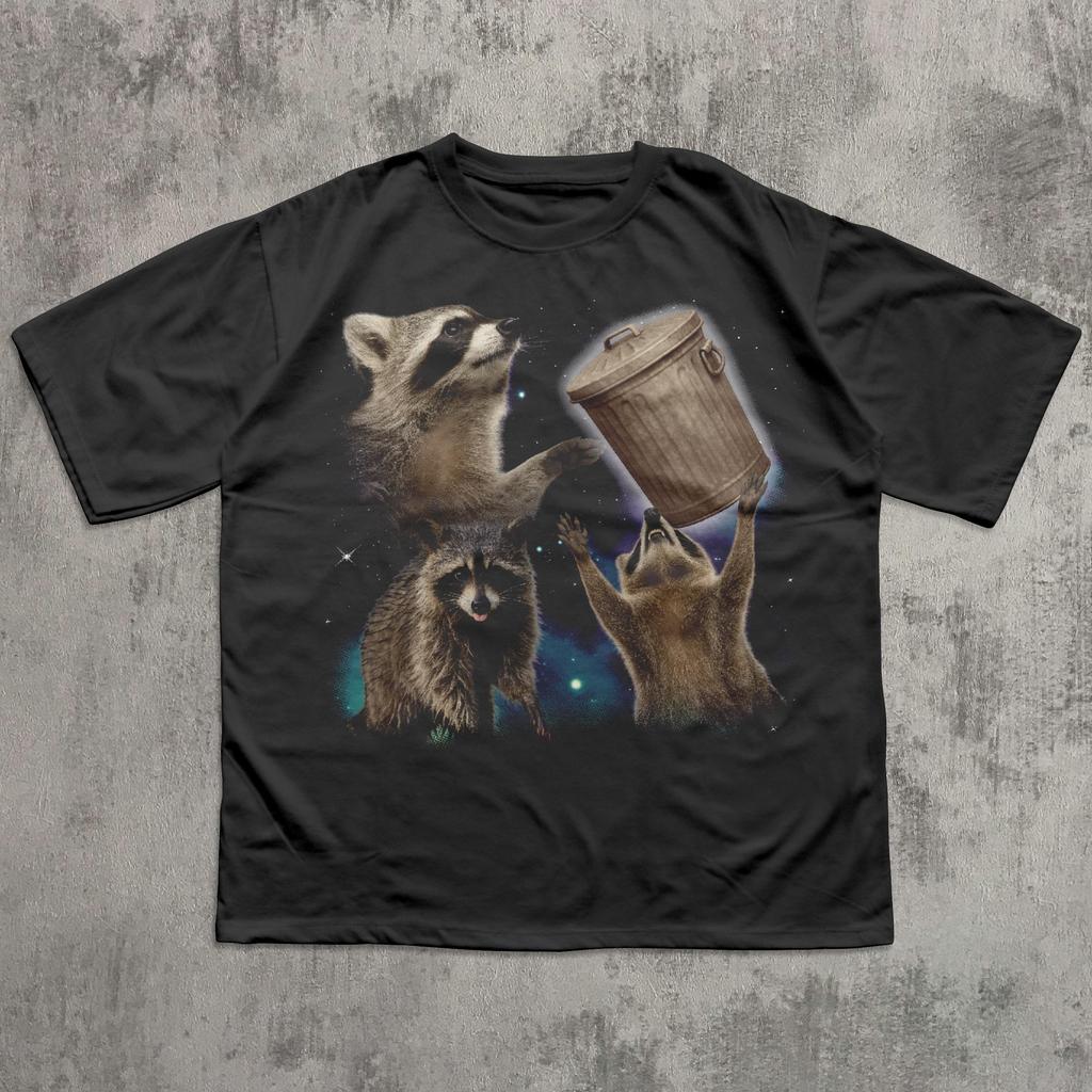 90s Retro Raccoons Trash Can T-shirt, Vintage Graphic Raccoon Shirt, Graphic Tees, Stupid Shirts, Brainrot Clothes, Cringe Tee, Weird Tshirt