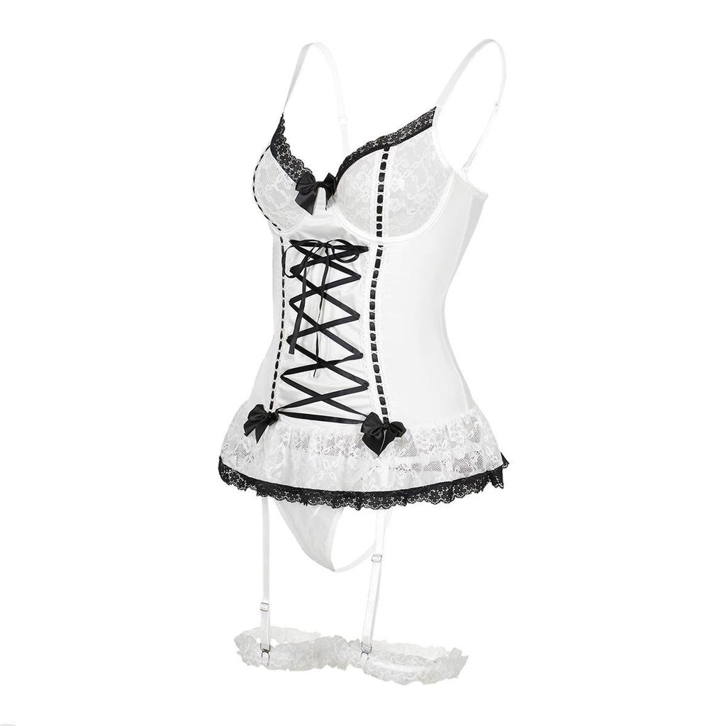 European & American Sexy Lace Lingerie: Pure Desire Style with Bow & Leg Accent, One-Piece for Girls.
