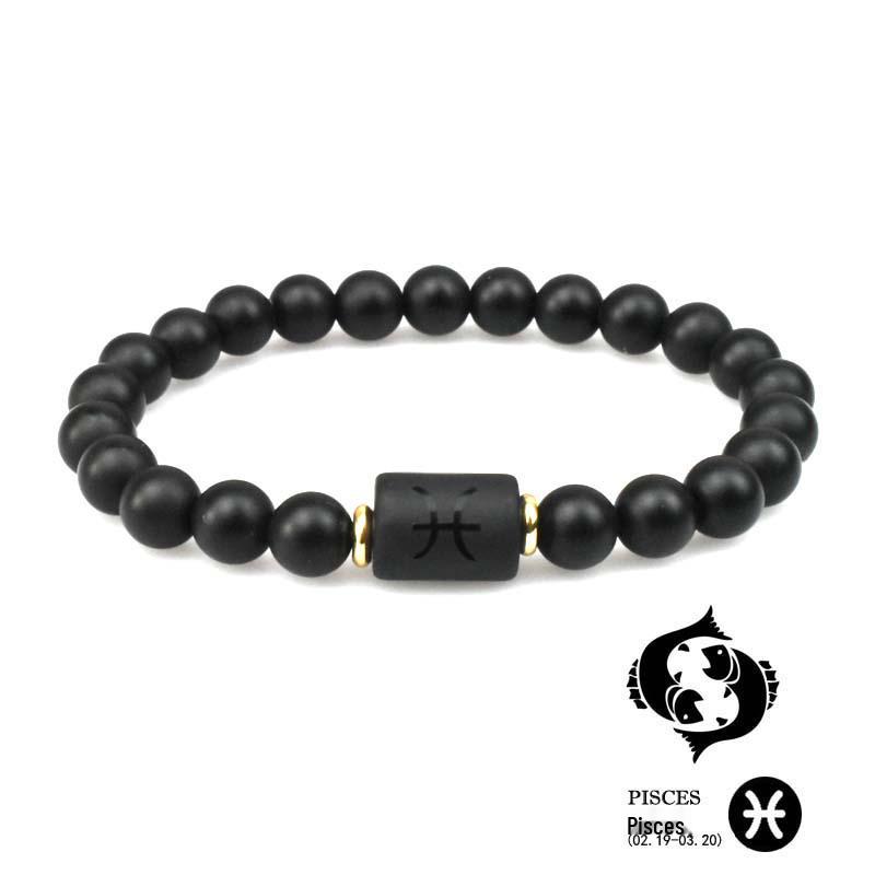 Zodiac Natural Stone Couple Bracelet with Frosted Black Agate Beads