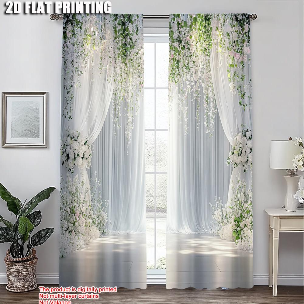 2pcs, Light Filtering Curtains 2D Print Floral Rose Retro White Versatile Durable Polyester (without Rod) All Seasons Perfect