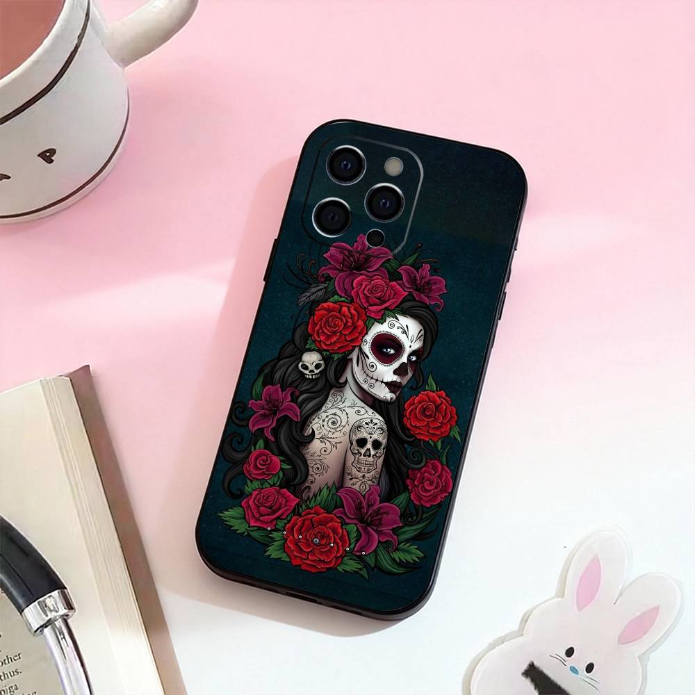 Mexican Catrina Skull  Phone Case For iPhone 17,16,15,14,13,12,11 Plus,Pro Max,Soft Silicone Black Cover