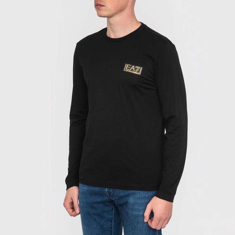 Emporio Armani Camiseta de manga larga con cuello redondo y estampado de logo EA7 para hombre, tops, negro 6RPT20-PJM9Z-1200