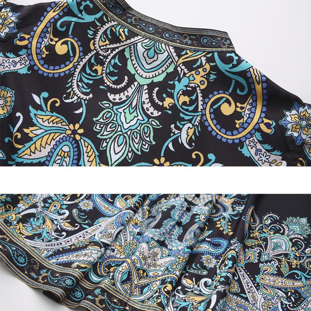 2026 Spring/Summer New Arrival Retro Ethnic-Style Cap Sleeves Printed Long Maxi Dress for Women with Belt
