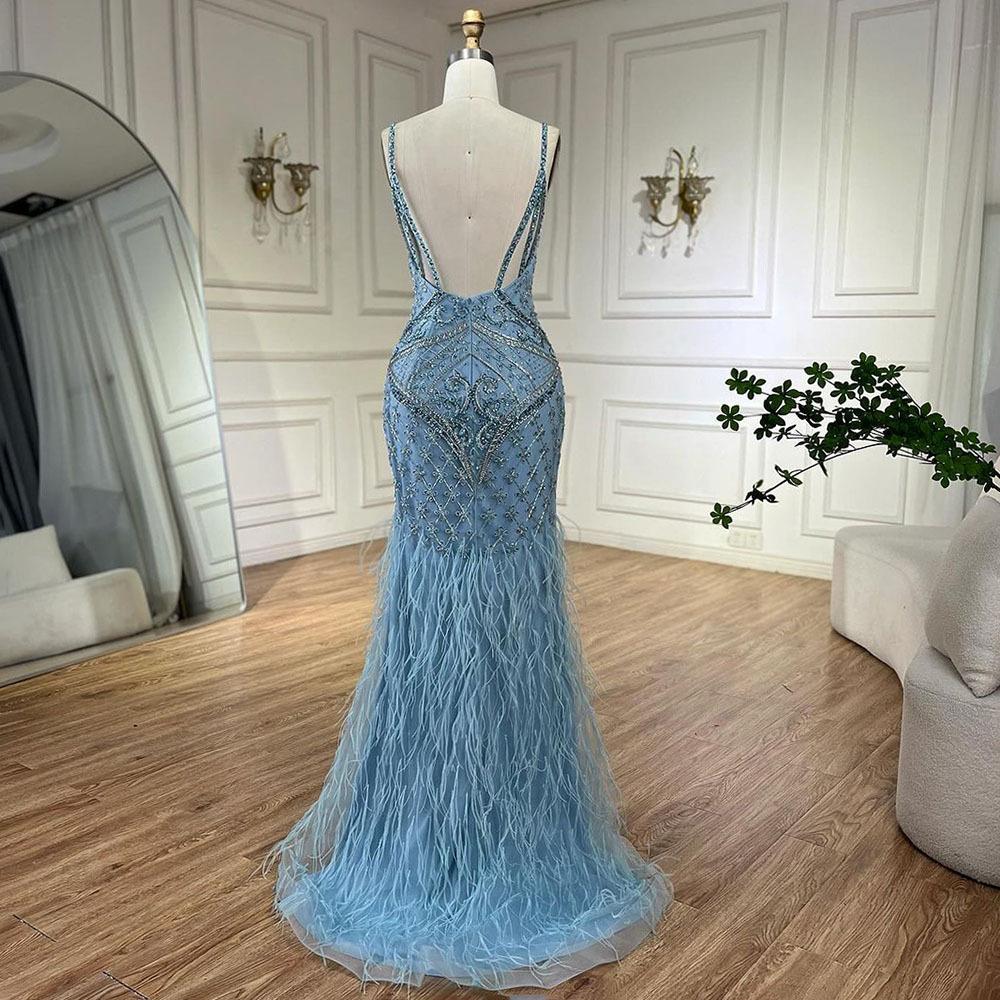 Serene hill blue elegant feather suspender fishtail skirt light luxury host banquet evening dress LA11111