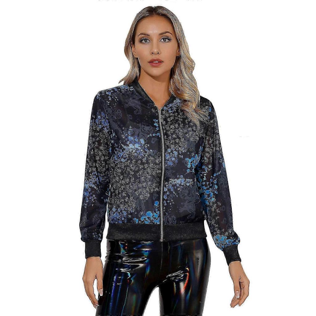 Damen Floral Print Durchsichtige Oberbekleidung Langarm Reißverschluss Vorne Gerippter Saum Atmungsaktives Chiffon Baseballjacke Mantel für den täglichen Gebrauch 2025