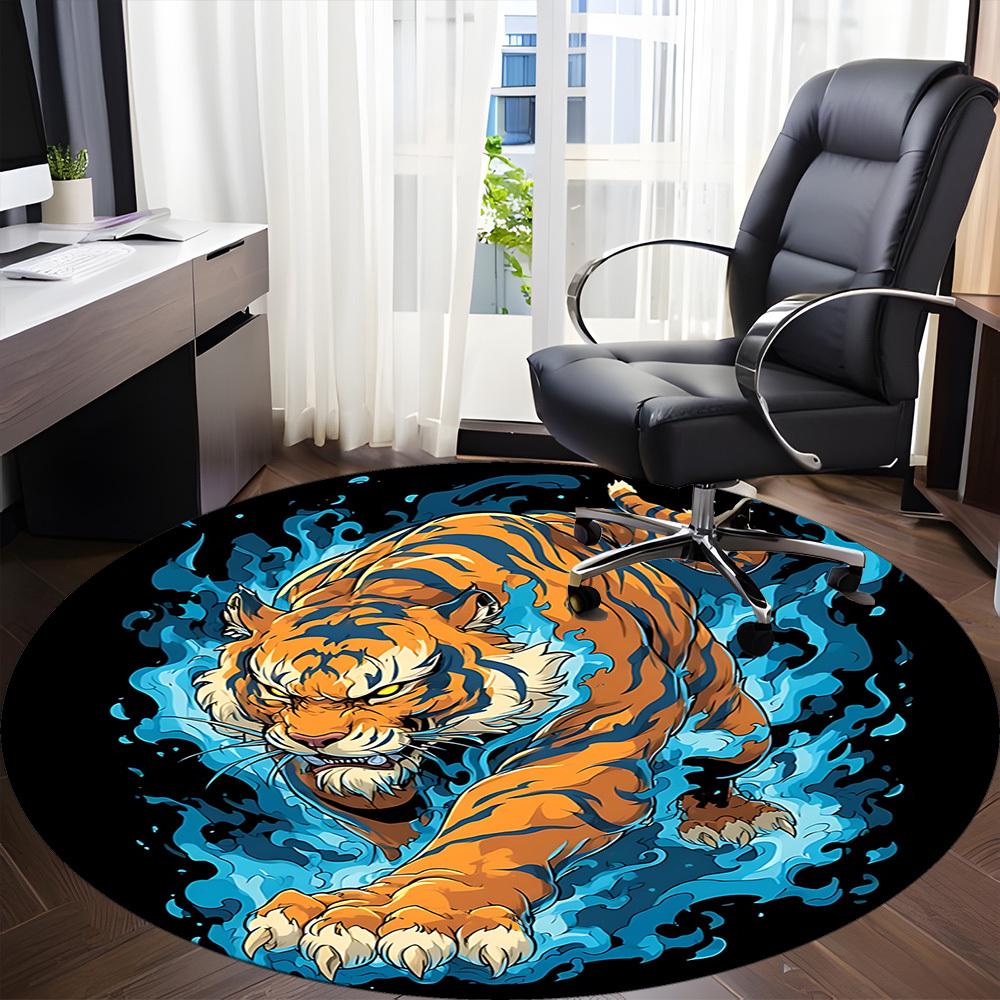 1PC Tiger Flames Office Round Area Rug,  Mat Suitable ForOffice, Under Office Chairs Bedroom Living Room Home Decor, Room Deco