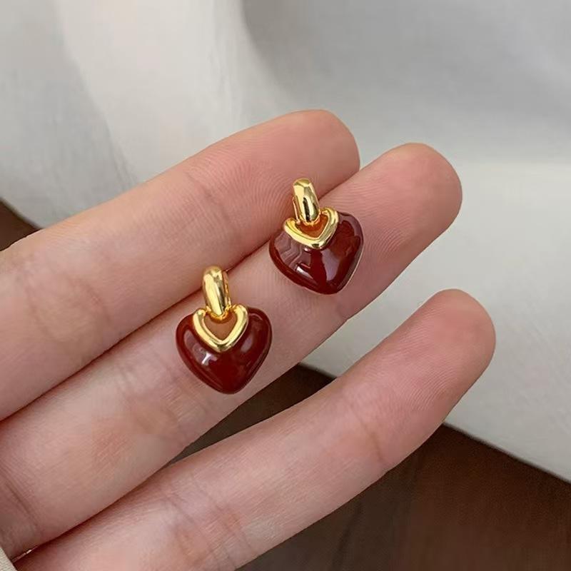 Vintage Red Drip Oil Heart Pendant Necklace Earrings Set for Women New Trendy Clavicle Chain Necklace Wedding Jewelry Gift