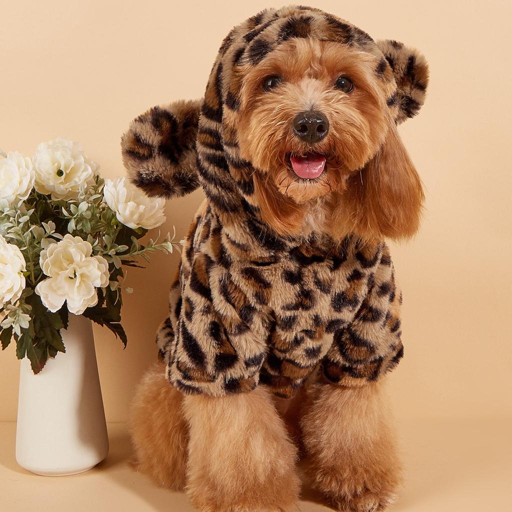Mikina pro psy malých a středních plemen, Leopardí mikina pro psy s oušky, Plyšové oblečení pro psy, Potřeby pro domácí mazlíčky