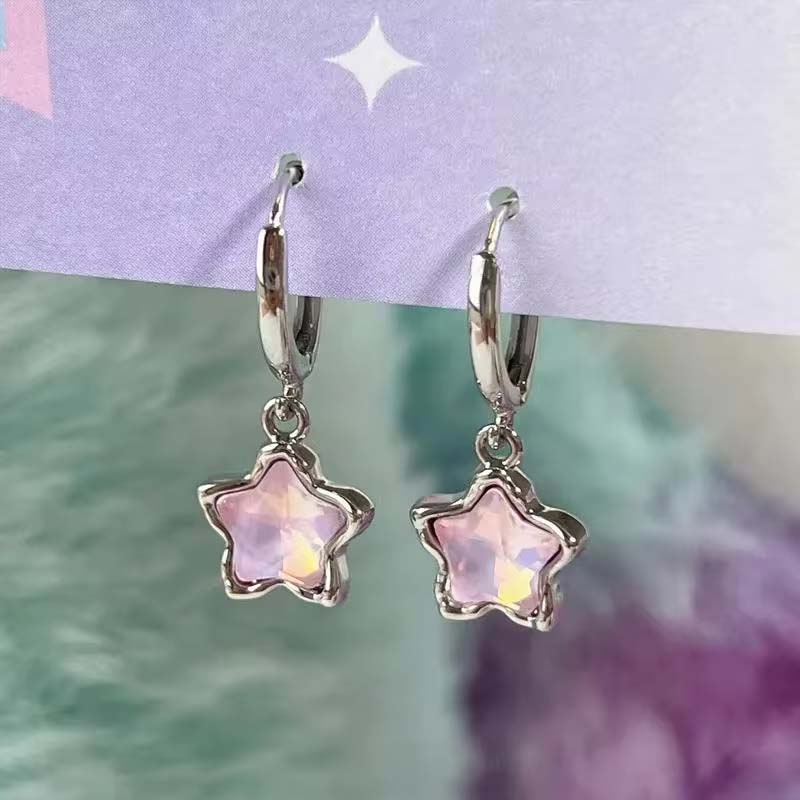 Kpop Y2K Pink Moonlight Stone Star Pendant Earrings For Women Egirl Fashion Sweet Crystal Star Ear Buckle Zircon Accessories