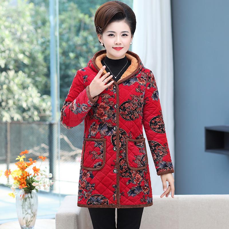 Fleece-Lined Hooded Cotton Jacket for Middle-Aged and Elderly, Plus Size Winter Coat, New Style.