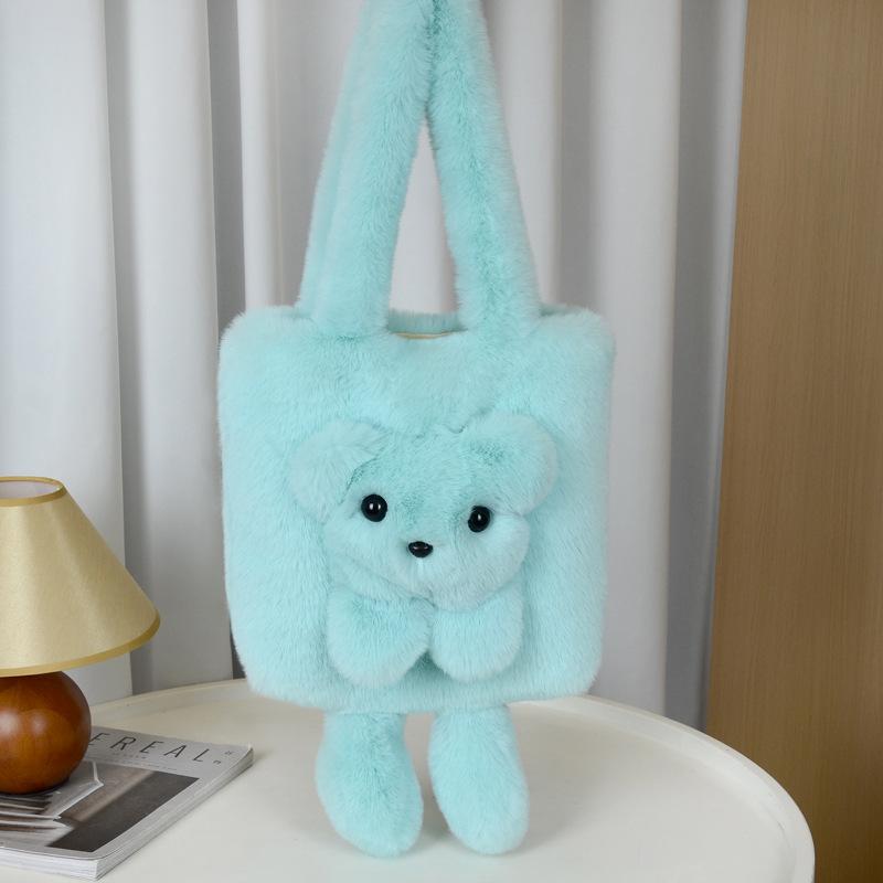 New Plush Doll Shoulder Bag Cute Niche Oblique Straddle Women's Bag Imitation Mink Hair Contrasting Color Bear Doll Tote Bag