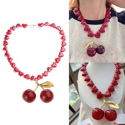 Elegant Cherry Charm Heart Beads Necklace Fruit Pendant Choker Adjustable Length Neckchain for Fashionable Ladies