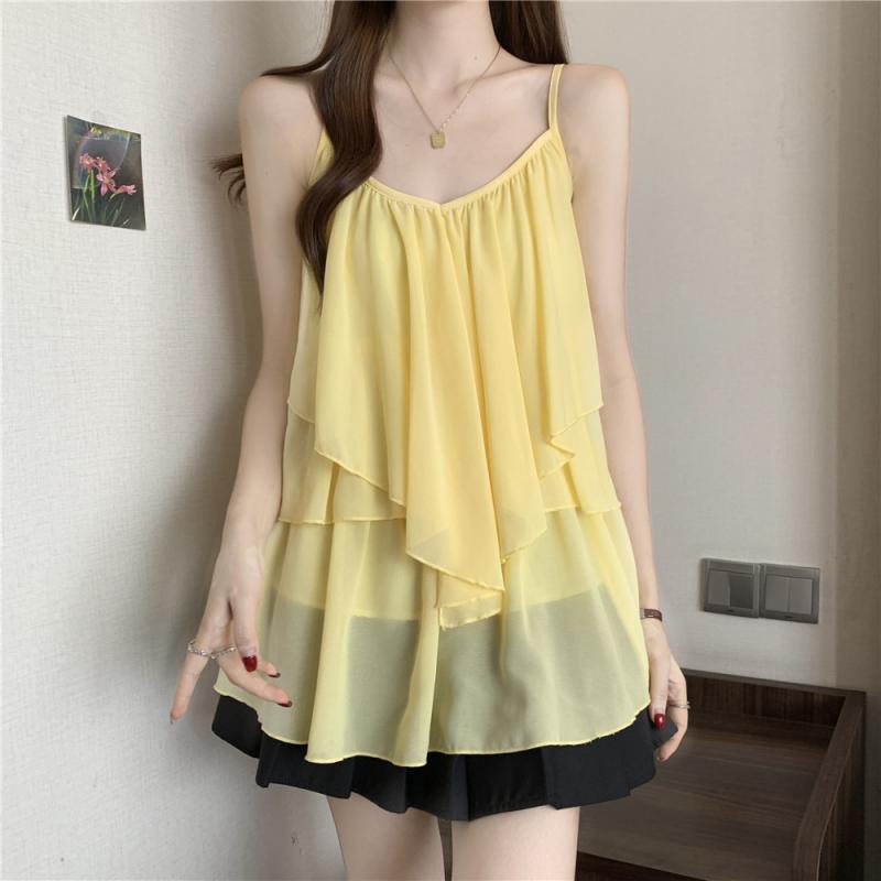 Plus Size Solid V-Neck Sleeveless Patchwork Camisole - Korean Style Loose Casual Women's Top