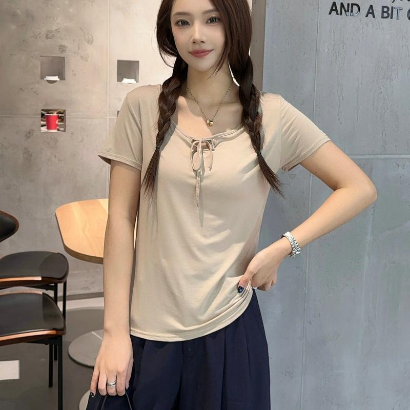 Korean Style Drawstring Modal Short Sleeve Tshirt Cute Slim Fit O Neck T-Shirt Lightweight & Soft Casual Tee Tops for Women Trendy Summer Basic Shirt