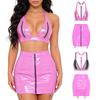 Women’s Wet Look PU Club Outfit Y-Back Zipper Cup Bra Top and Front Zipper Back Floral Lace Lace-Up Detail Bodycon Mini Skirt 2Pc Set for Nightclub