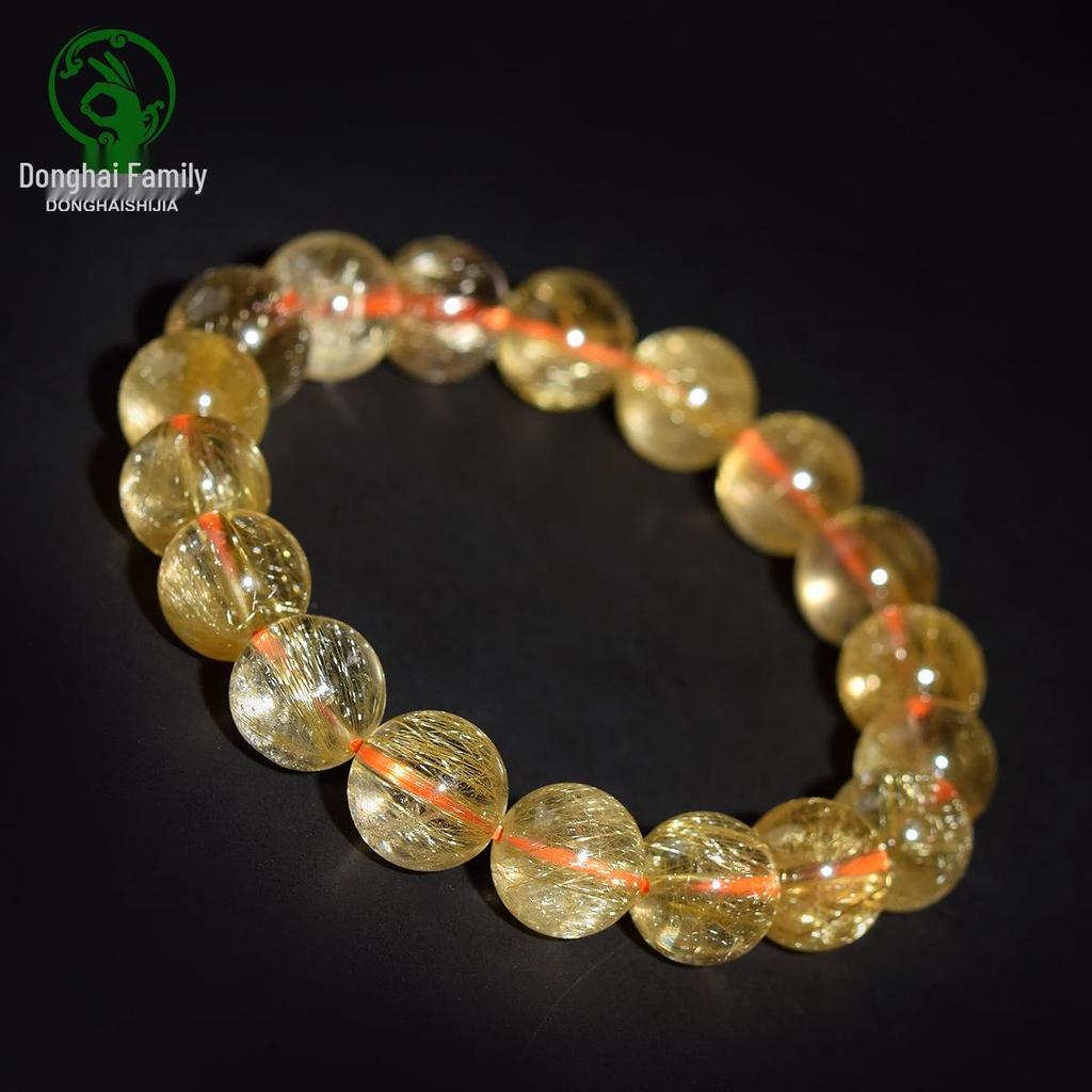 Brazilian Gold Silk Crystal Bracelet: Yellow Rutilated Quartz Beads for Men and Women