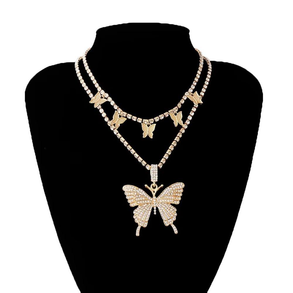 Rhinestone Bling Necklace Trendy Fashion Collars Necklace Butterfly Pendant Necklace for Women